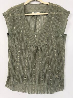 Fossil Women’s Large Sage Green V-Neck Sheer Lace Cap Sleeve Blouse summer boho